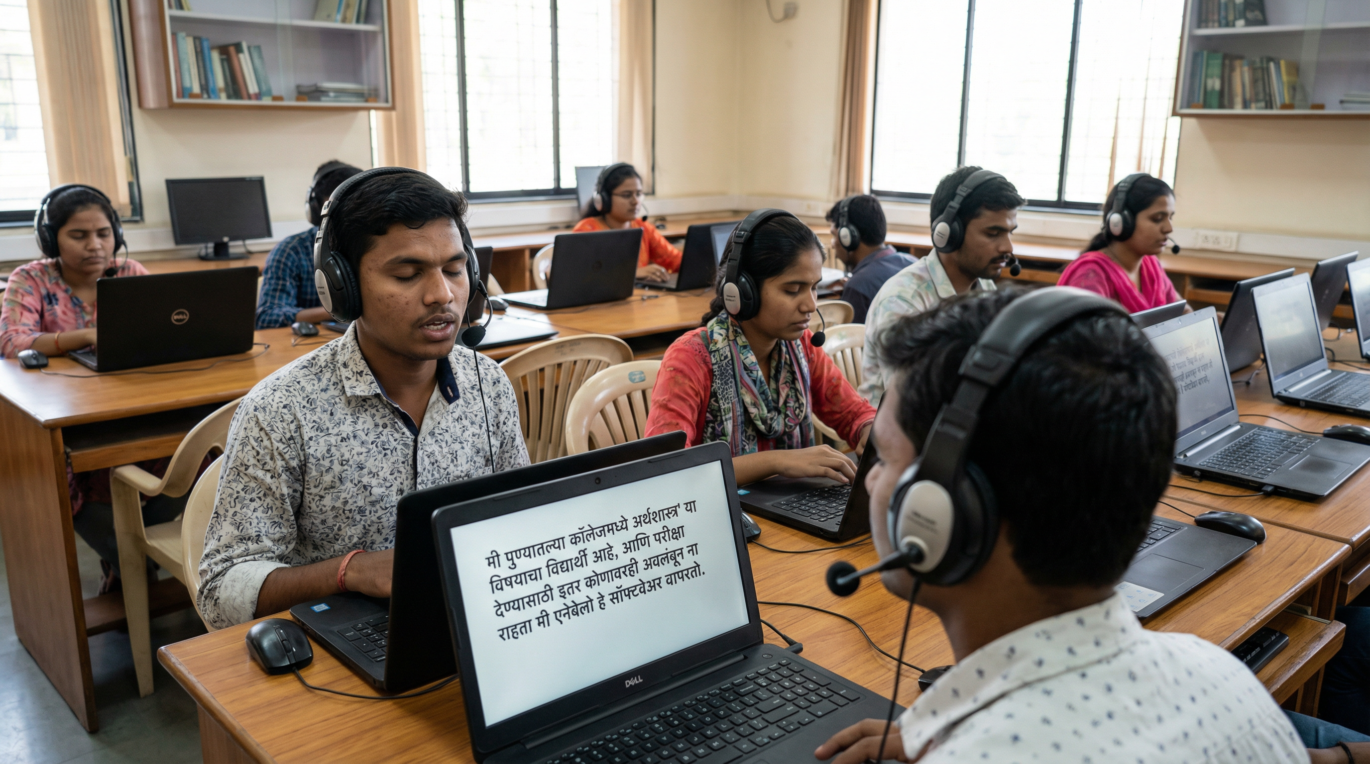 Students with visual impairments using Enabelo Apps in a computer lab, wearing headphones and speaking into microphones while working on laptops